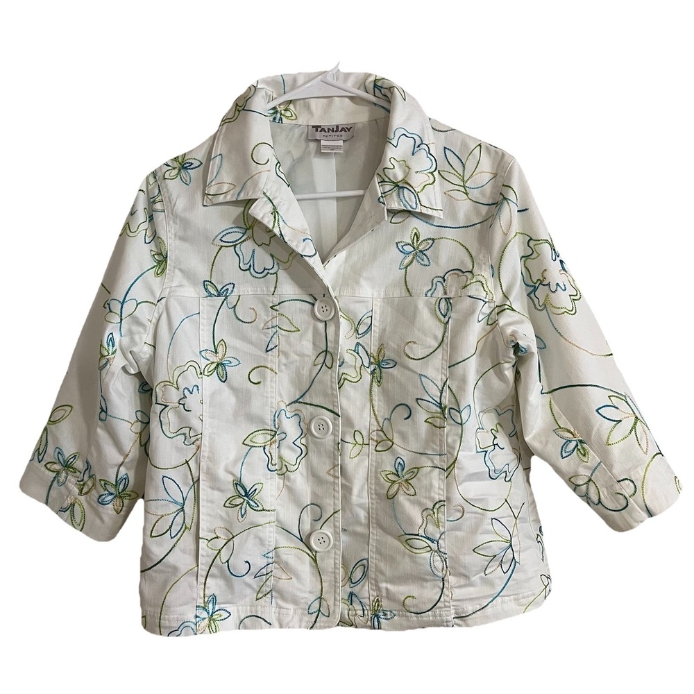 Floral Embroidered Jacket Women's 8P White 3/4 Sleeve Lined Boho Beachy Pockets